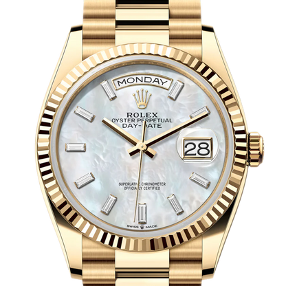 Rolex Day-Date "President" 40mm Yellow Gold Mother of Pearl Diamond Baguette Dial - 128238 - New 2026