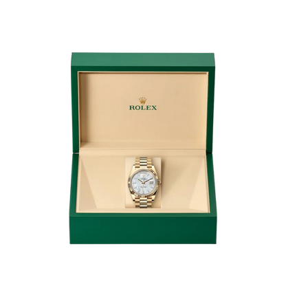 Rolex Day-Date "President" 40mm Yellow Gold Mother of Pearl Diamond Baguette Dial - 128238 - New 2026